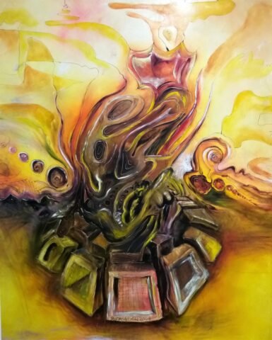 Wirujące odcienie żółci, pomarańczy i brązu tworzą abstrakcyjne kształty emanujące ciepłem, miłością i intensywnym ruchem. Obraz pozostawia wrażenie spokoju i wewnętrznej harmonii.