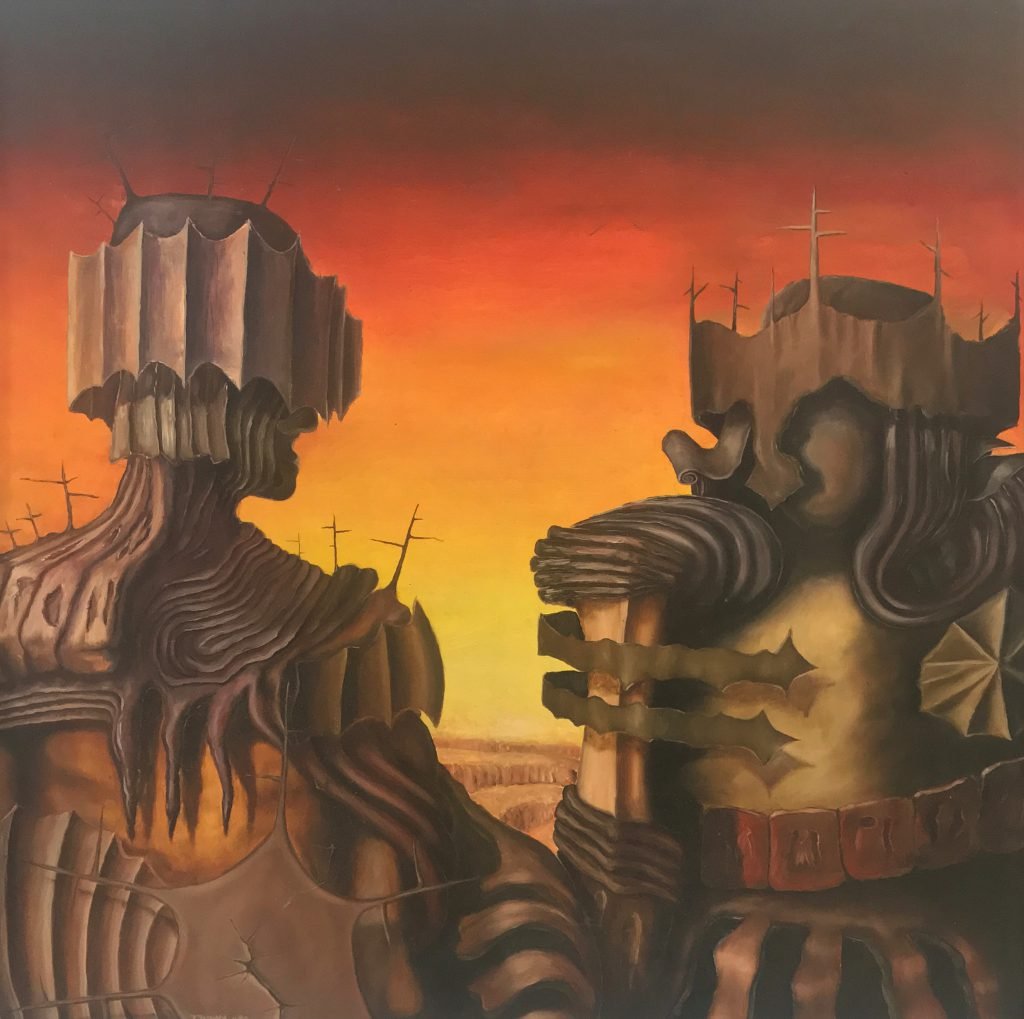 Dwie monumentalne postacie w brązowych, abstrakcyjnych zbrojach, stojące naprzeciwko siebie na tle żółto-pomarańczowo-czarnym, z czarnym na górze.