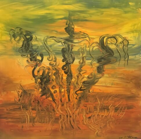 Abstrakcyjny obraz z wirującymi, organicznymi kształtami w odcieniach zieleni i pomarańczy, przypominającymi rośliny na tle żywego, zachodnio-słonecznego nieba. Kompozycja emanuje energią i witalnością, stając się symbolicznym źródłem życia i inspiracji.