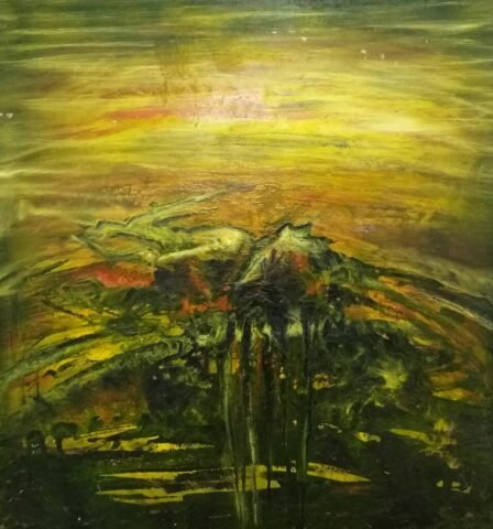 Abstrakcyjny obraz w odcieniach zieleni, z żółtym światłem bijącym ze środka i ciemną, wirującą plamą u dołu, przypominający cień pulsującej plazmy.