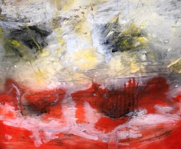 Abstrakcyjny obraz „Joker”, góra biała, dół czerwony, czarne przetarte plamy tworzące wrażenie oczu i uśmiechu, z szarymi i żółtymi przetarciami.