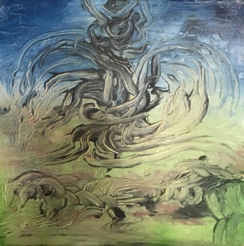 Abstrakcyjny obraz z zielonym dołem i niebieską górą, na tle których wirują czarne, strukturalne masy rozchodzące się niczym fale energii.