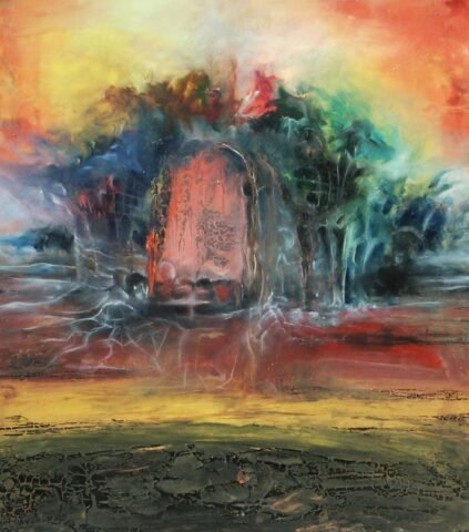 „Zaświaty” – abstrakcyjny obraz przedstawiający żywe, ogniste niebo przenikające ciemne, wirujące kolory. Centralny kształt w formie łuku z teksturowanymi liniami wywołuje poczucie tajemnicy i energii. Niczym wrota do nowego wymiaru.