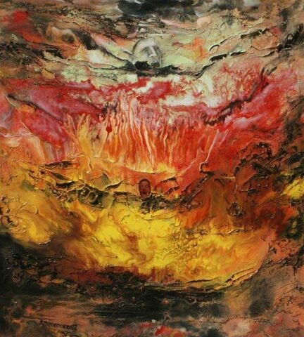 Wirujące odcienie czerwieni, pomarańczy i żółci tworzą poczucie chaosu i ognistej energii. Między płomieniami wyłaniają się zniekształcone twarze ludzkie w krzyku, a tekstury nadają kompozycji głębię i dramatyzm.