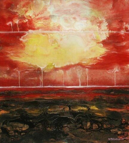 Dramatyczny pejzaż z ognistoczerwonym niebem. Jasne żółte i białe formacje chmur wywołują poczucie chaosu nad ciemnym, teksturowanym gruntem, tworząc intensywną, niemal atomową atmosferę eksplozji energii.