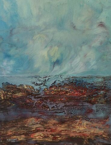 Abstrakcyjny obraz przedstawiający ciemną, skorupową formę na tle spokojnego, błękitnego nieba. Delikatne pociągnięcia pędzla i subtelna faktura kompozycji tworzą atmosferę spokoju, równowagi i kontemplacji.