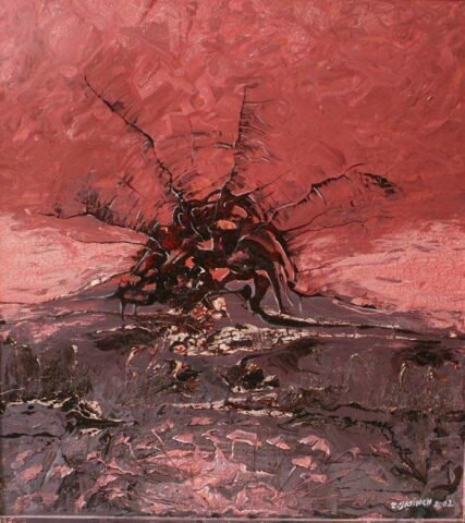 Ciemna, poszarpana forma wyłania się zza horyzontu na tle teksturowanego czerwonego tła, przypominając wschód czarnego słońca. Kompozycja emanuje dramatyzmem, intensywnością i tajemniczą energią wiru.