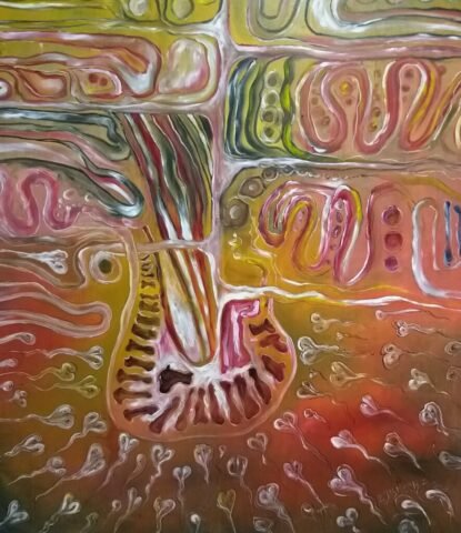 Abstrakcyjna, organiczna kompozycja w odcieniach różu i bieli, przedstawiająca centralny, przypominający komórkę kształt, w kierunku którego płyną małe, białe, sercowate formy.