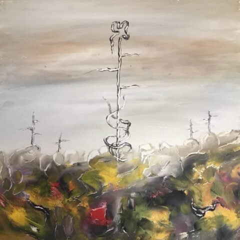 Abstrakcyjny pejzaż w dolnej części ciemny i ziemisty, z żółtymi i czerwonymi akcentami, z pojedynczą cienką łodyżką wyrastającą ku górze, na tle delikatnie biało-szarym.