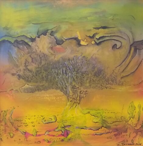 Abstrakcyjny obraz w odcieniach pomarańczowo-brązowego dołu i zielono-brązowej góry, z centralną kompozycją delikatnych czarnych smug tworzących mistyczną chmurę, która rozchodzi się ku górze i bokom, niczym wirujące duchy lub mityczna kraina dusz.