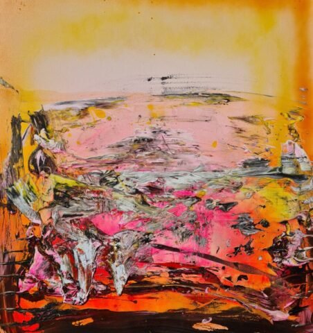 Abstrakcyjny obraz olejny w intensywnych barwach żółci, różu i czerwieni z ekspresyjną fakturą.