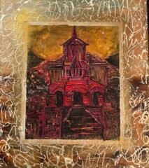 Armenia 2 Obraz przedstawia czerwony kościół lub katedrę zarysowaną białymi konturami, otoczoną ekspresyjnymi białymi pociągnięciami pędzla tworzącymi dynamiczną ramę. Kompozycja emanuje energią i artystycznym napięciem, podkreślając kontrast między strukturą budowli a otaczającą ją abstrakcją.