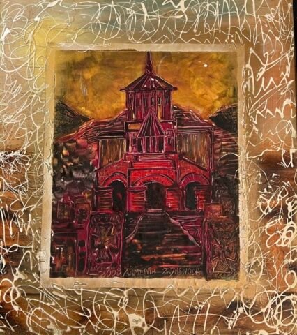 Obraz przedstawia czerwony kościół lub katedrę zarysowaną białymi konturami, otoczoną ekspresyjnymi białymi pociągnięciami pędzla tworzącymi dynamiczną ramę. Kompozycja emanuje energią i artystycznym napięciem, podkreślając kontrast między strukturą budowli a otaczającą ją abstrakcją.