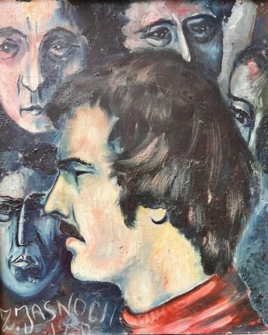 Obraz olejny. Autoportret Zygmunta Jasnocha z lat 80', lewy profil głowy, czarne włosy i wąsy, w tle obce twarze.