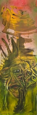 „Decyzja” – bardzo wąski i wysoki abstrakcyjny obraz z żywymi odcieniami żółci, zieleni i czerwieni. Przedstawia zdeformowaną, podwójną twarz z intensywnymi oczami i ostrymi rysami, tworząc surrealistyczny i niepokojący nastrój.