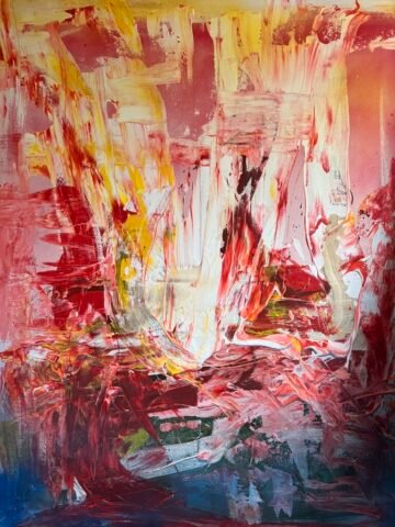 Abstrakcyjny obraz z odważnymi pociągnięciami pędzla w kolorach czerwonym, żółtym i białym, które zlewają się ze sobą. Dynamiczna kompozycja, emanująca energią i ruchem, ma ognistą, żywą tonację.