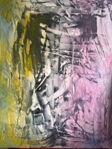 „Harmonia Pojednania” – abstrakcyjny obraz o dynamicznych fakturach, łączący odcienie zieleni po lewej, różu po prawej, a w centrum czerni i bieli. Energetyczne pociągnięcia pędzla nadają kompozycji głębię i poczucie ruchu.