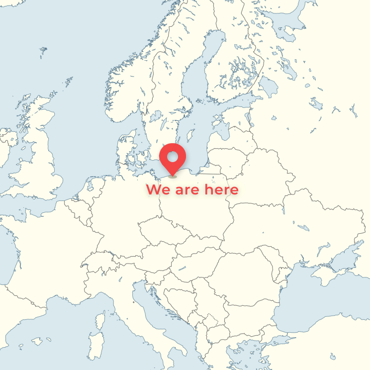 Mapa europy z zaznaczoną pinezką lokalizacji pracowni malarskiej Jasnoch - na mieście Kołobrzeg, w Polsce.