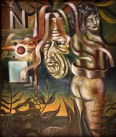 Obraz w stylu surrealistycznym przedstawia w centrum pomarszczoną twarz, wyrażającą smutek. Otoczona jest przez długie, wstążkowate wstęgi w odcieniach czerwieni, pomarańczy i zieleni. Z lewej strony widoczna jest abstrakcyjna geometryczna kompozycja z prostokątami i kulami. Po prawej widać postać kobiety lub duchowej sylwetki o zamkniętych oczach, a całość osłaniają roślinne motywy i kształty przypominające roślinność w kolorach ziemi i zachodzącego słońca. Kompozycja łączy elementy człowieka, abstrakcji i natury, tworząc melancholiczny, niemal ze snu nastrój.