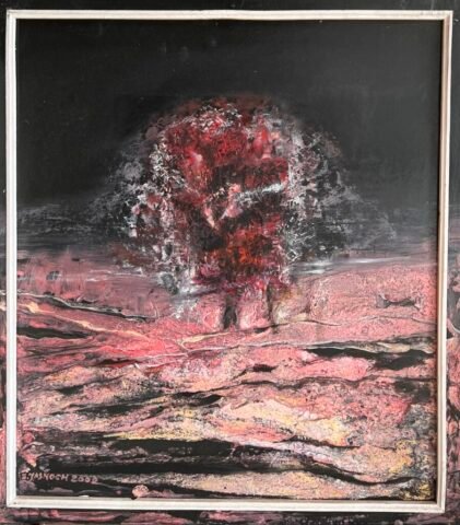 Abstrakcyjna kompozycja z centralną, czerwono-czarną formą przypominającą wirującą strukturę, jakby kształtującą się myśl. Formę otaczają wirujące odcienie różu i czerni, nadając dziełu dynamiczny i tajemniczy charakter.