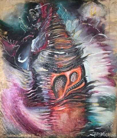 Obraz „Derwisz” – wirująca forma rozprzestrzeniająca wielokolorowe smugi, z akcentem złotej barwy na krawędzi płótna, przypominającej aurę.