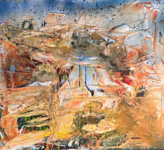 „Wszystko Jedność” – abstrakcyjny obraz z wirującymi, ziemistymi tonami czerwieni, pomarańczy i złota. Niebieskie i czarne rozpryski nakładają się na kompozycję, tworząc dynamiczny, teksturowany krajobraz.